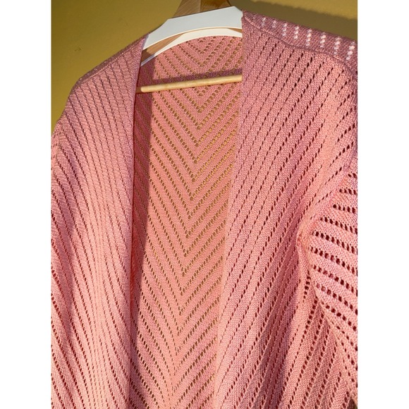 Sweaters - Pink Crochet Open Front 100%‎ Viscose Cardigan Shrug Short Sleeve Lightweight